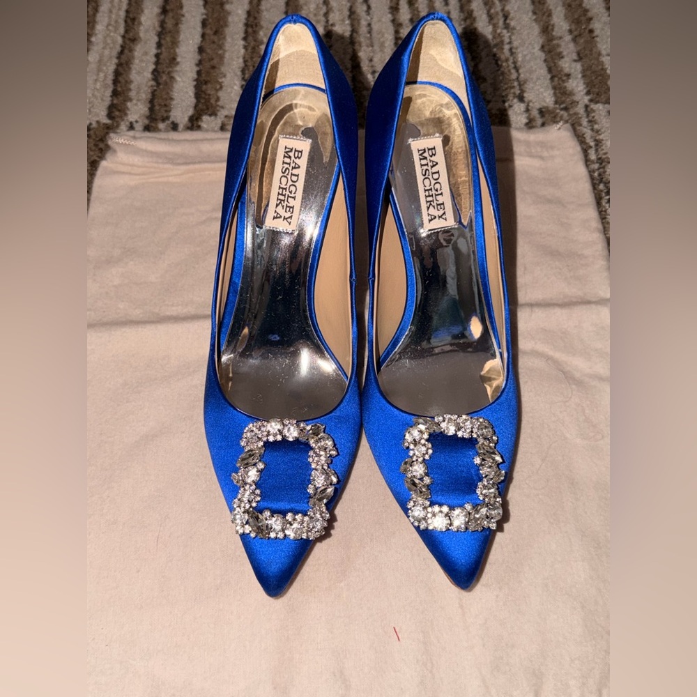 Badgley Mischka Royal Blue Satin Heels with Crystal Buckle